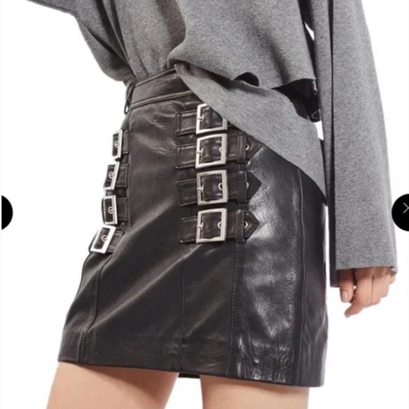 Topshop Buckle Detail Leather Mini Skirt - black, size 2 - Picture 1 of 10